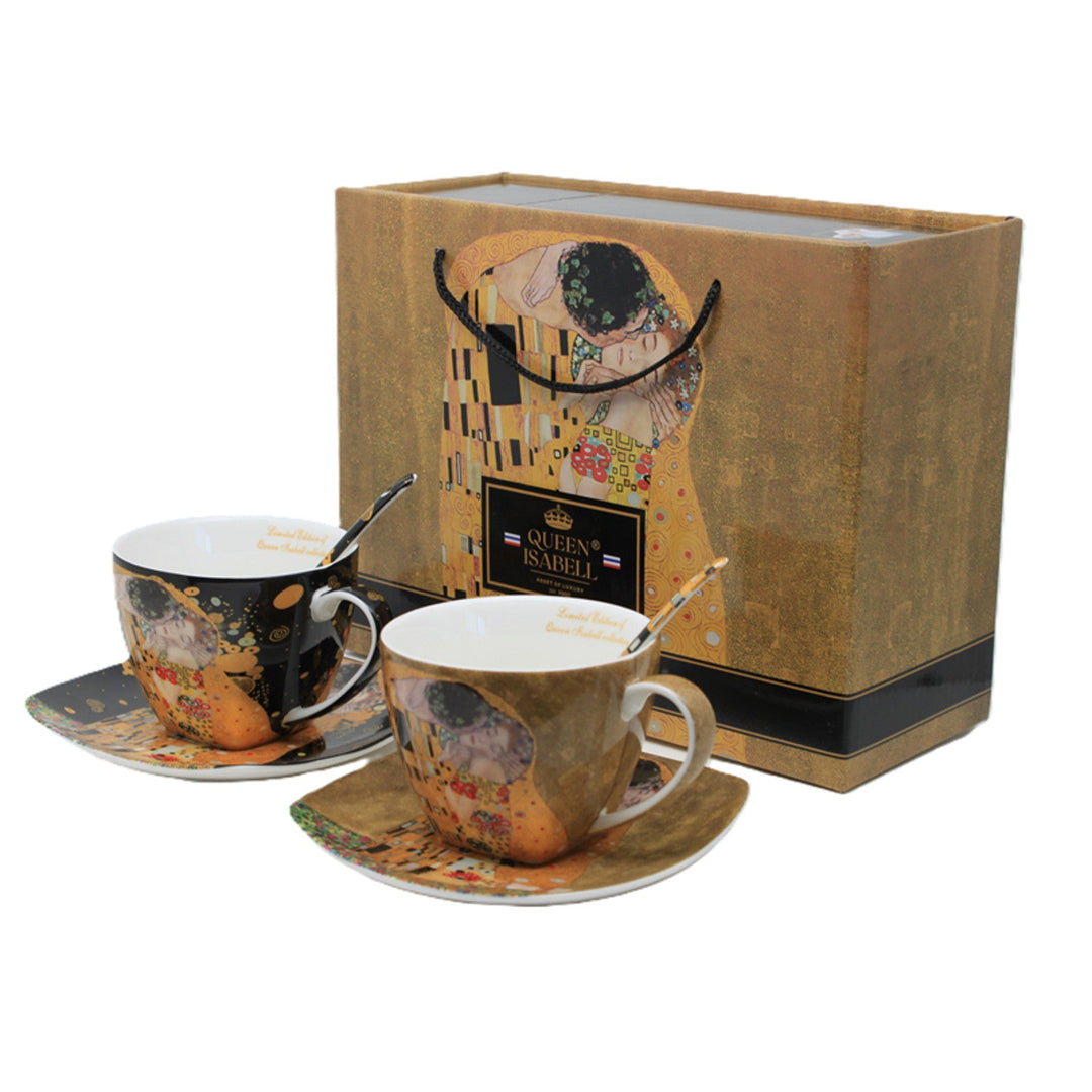 Set od 2 porculanske šalice Queen Isabell, motiv Poljupca od Klimta, čajne žličice, 250 ml, W25KL60-2-19000