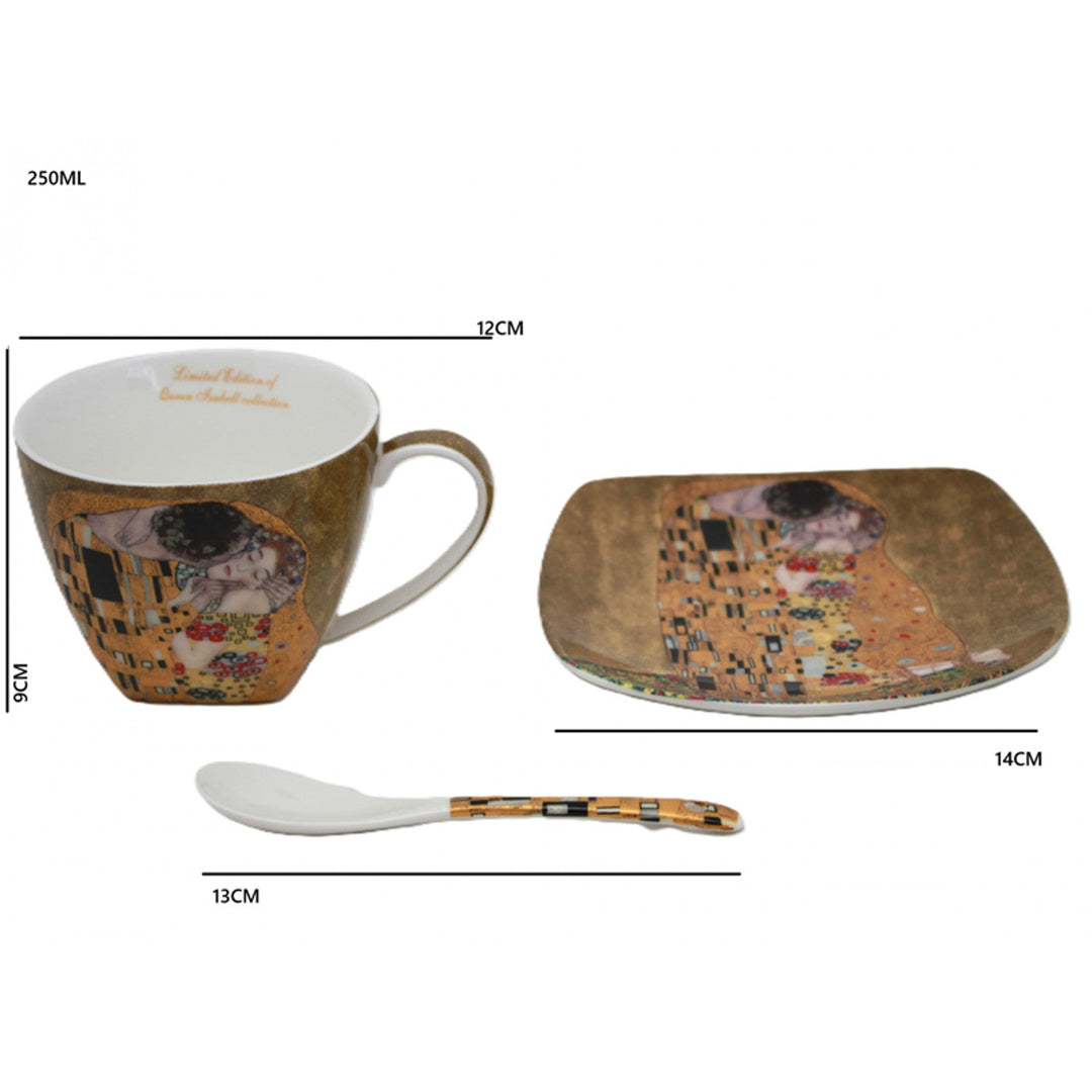Set od 2 porculanske šalice Queen Isabell, motiv Poljupca od Klimta, čajne žličice, 250 ml, W25KL60-2-19000