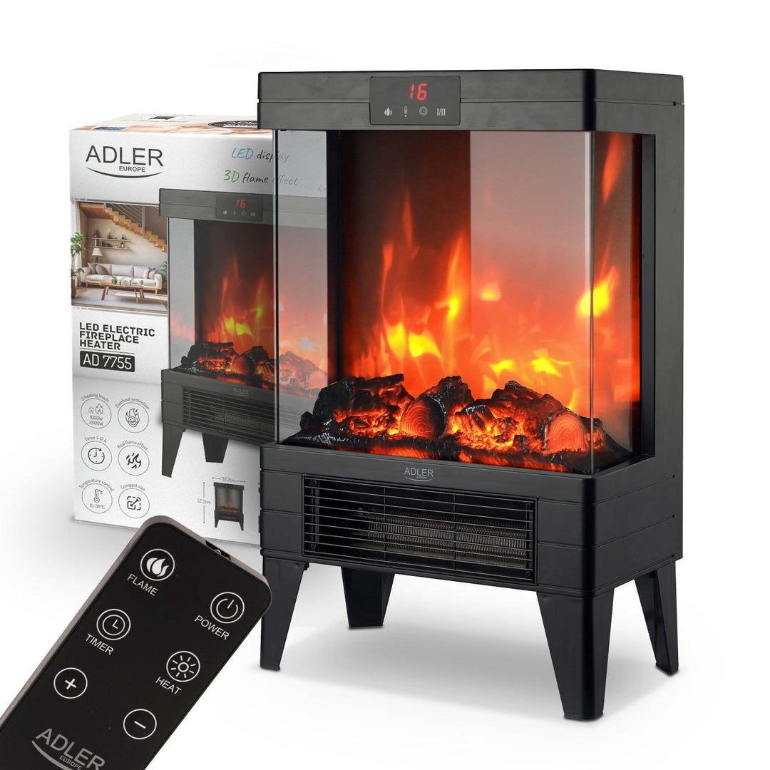 LED električni kamin s daljinskim upravljačem, 2 razine snage grijanja 1000 W/2000 W, termostat, Adler AD 7755
