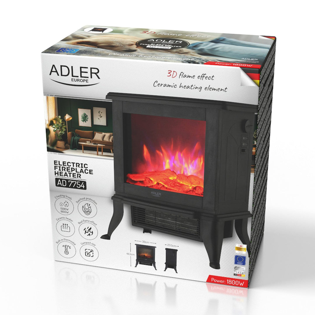 Adler električni kamin, 2 razine grijanja, max. snaga 1800 W, termostat, 3D efekt plamena, AD 7754