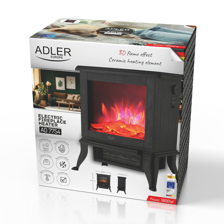 Adler električni kamin, 2 razine grijanja, max. snaga 1800 W, termostat, 3D efekt plamena, AD 7754