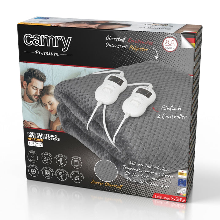 Camry električni pokrivač, za 2 osobe, dimenzije 150x160 cm, 8 razina grijanja, snaga 2 x 60 W, sivi, CR 7417