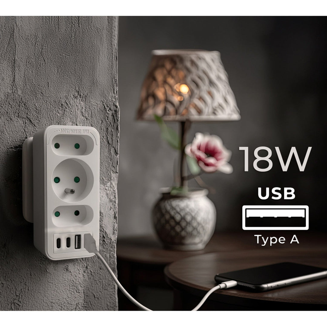 Maclean električna utičnica x3 + 4xUSB, razdjelnik s 3 utičnice, 2xUSB A, 2xUSB C PD 20W, 1x16A + 2x6A, MCE248 F/W, 2 komada