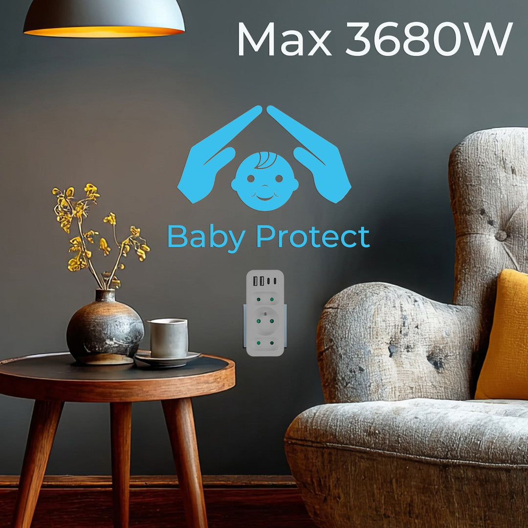 Maclean električna utičnica x3 + 4xUSB, razdjelnik s 3 utičnice, 2xUSB A, 2xUSB C PD 20W, 1x16A + 2x6A, MCE248 F/W, 2 komada