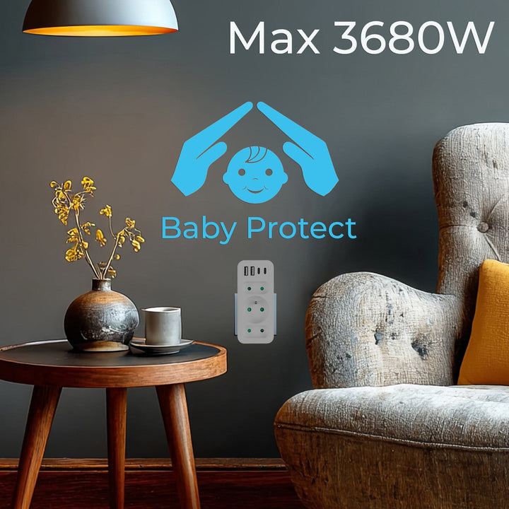 Maclean električna utičnica x3 + 4xUSB, razdjelnik s 3 utičnice, 2xUSB A, 2xUSB C PD 20W, 1x16A + 2x6A, MCE248 F/W, 2 komada