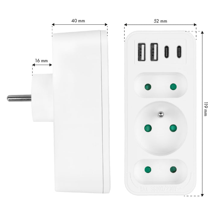 Maclean električna utičnica x3 + 4xUSB, razdjelnik s 3 utičnice, 2xUSB A, 2xUSB C PD 20W, 1x16A + 2x6A, MCE248 F/W, 3 komada