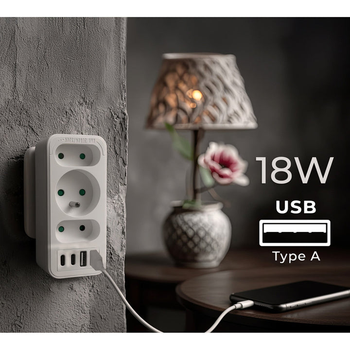 Maclean električna utičnica x3 + 4xUSB, razdjelnik s 3 utičnice, 2xUSB A, 2xUSB C PD 20W, 1x16A + 2x6A, MCE248 F/W, 3 komada