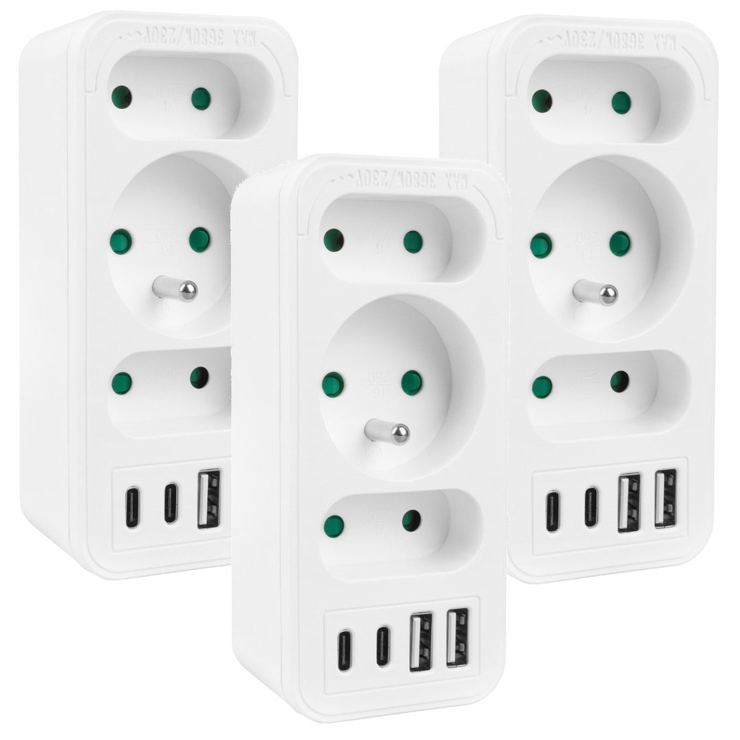 Maclean električna utičnica x3 + 4xUSB, razdjelnik s 3 utičnice, 2xUSB A, 2xUSB C PD 20W, 1x16A + 2x6A, MCE248 F/W, 3 komada