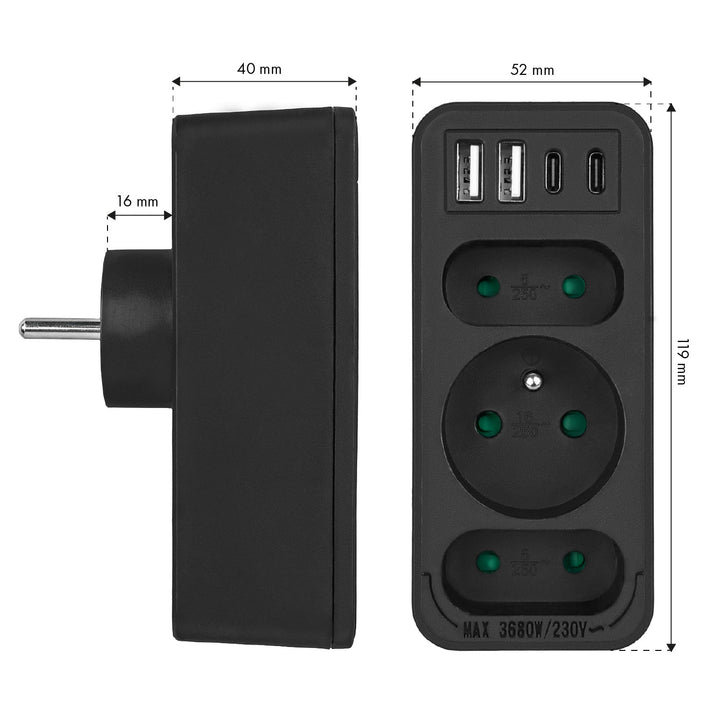 Maclean električna utičnica x3 + 4xUSB, razdjelnik s 3 utičnice, 2xUSB A, 2xUSB C PD 20W, 1x16A + 2x6A, MCE248 F/B, 2 komada