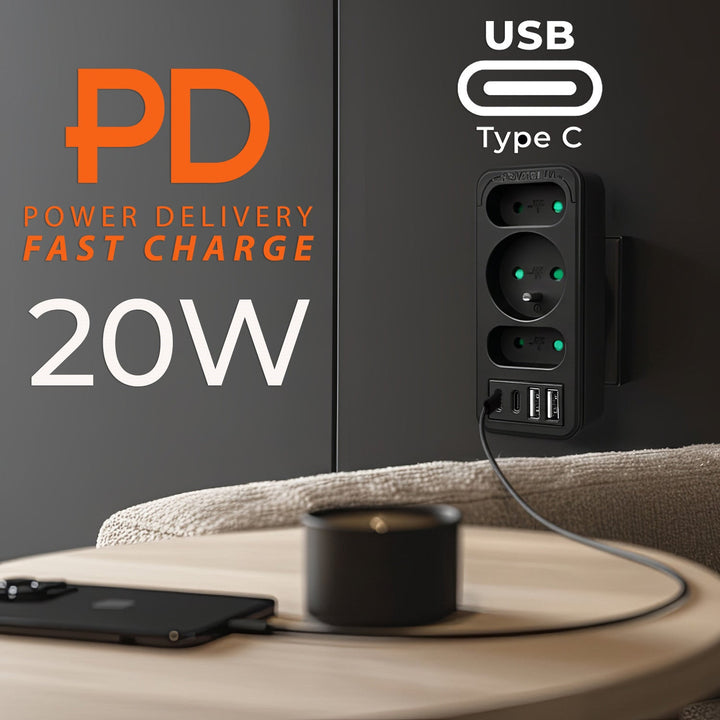 Maclean električna utičnica x3 + 4xUSB, razdjelnik s 3 utičnice, 2xUSB A, 2xUSB C PD 20W, 1x16A + 2x6A, MCE248 F/B, 2 komada