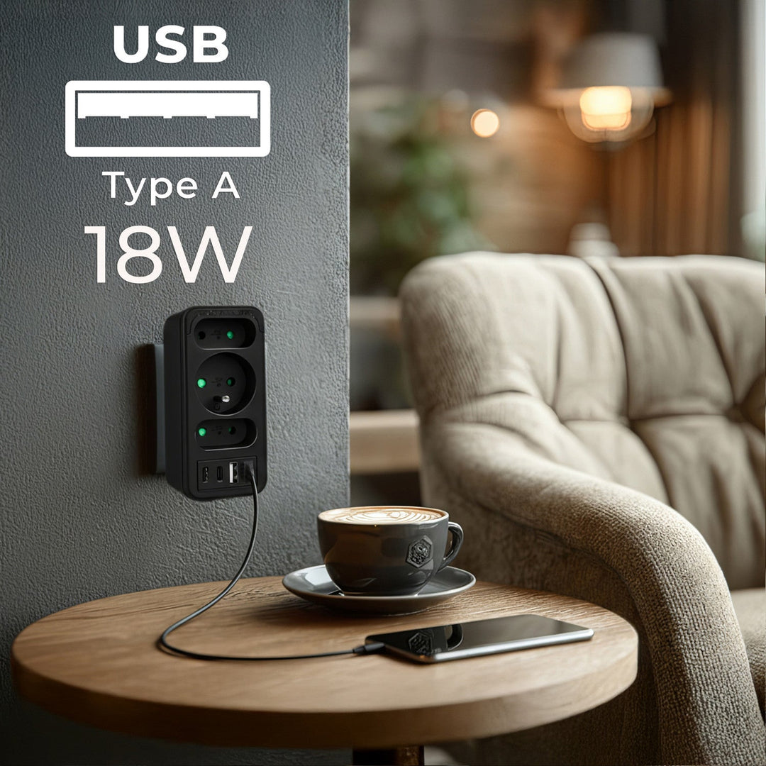 Maclean električna utičnica x3 + 4xUSB, razdjelnik s 3 utičnice, 2xUSB A, 2xUSB C PD 20W, 1x16A + 2x6A, MCE248 F/B, 2 komada