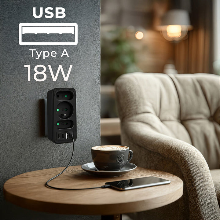 Maclean električna utičnica x3 + 4xUSB, razdjelnik s 3 utičnice, 2xUSB A, 2xUSB C PD 20W, 1x16A + 2x6A, MCE248 F/B, 2 komada