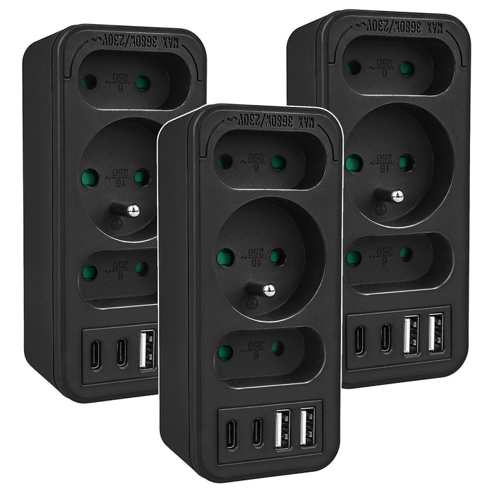 Maclean električna utičnica x3 + 4xUSB, razdjelnik s 3 utičnice, 2xUSB A, 2xUSB C PD 20W, 1x16A + 2x6A, MCE248 F/B, 3 komada