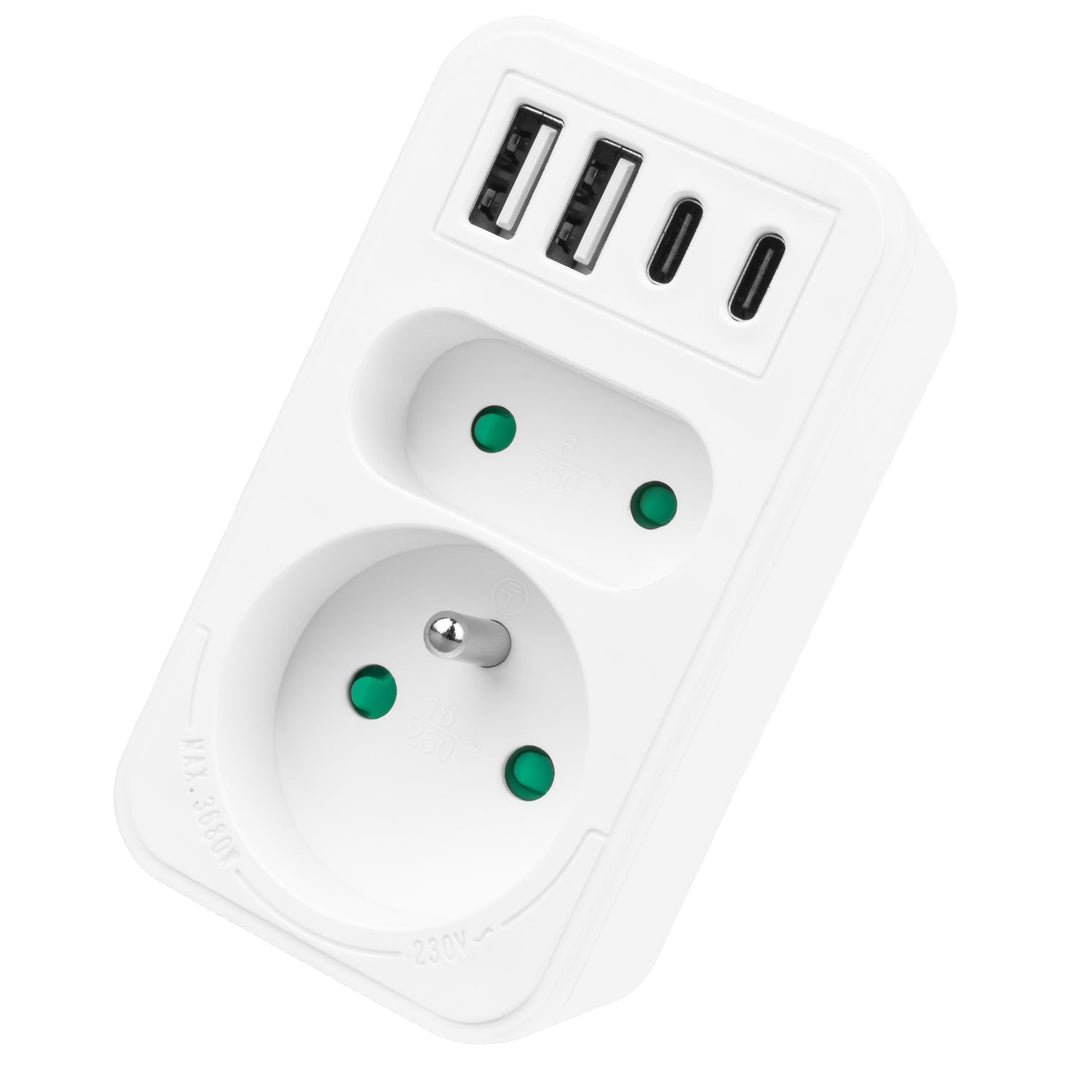 Maclean električna utičnica x2 + 4xUSB, razdjelnik s 2 utičnice, 2xUSB A, 2xUSB C PD 20W, 1x16A + 1x6A, MCE249 F/W, 2 komada