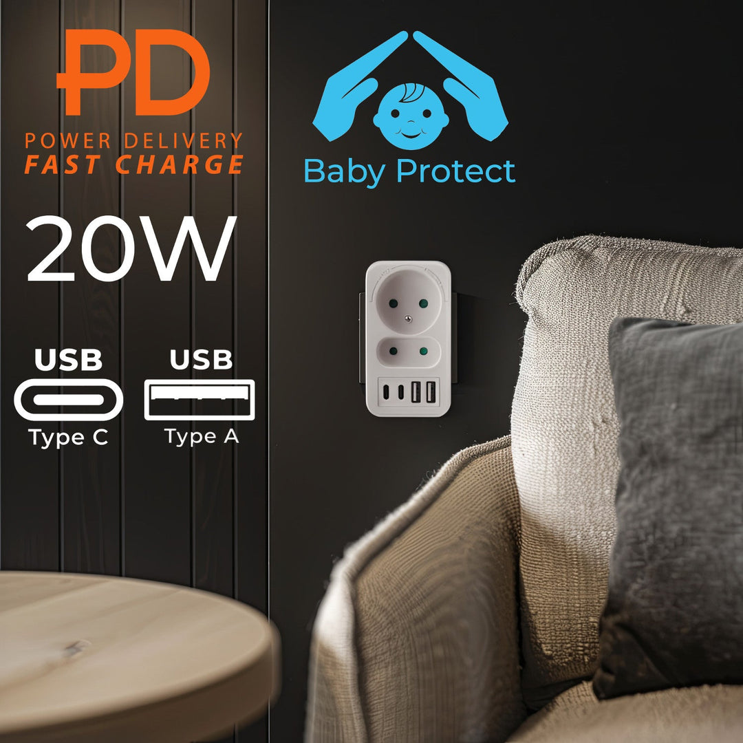 Maclean električna utičnica x2 + 4xUSB, razdjelnik s 2 utičnice, 2xUSB A, 2xUSB C PD 20W, 1x16A + 1x6A, MCE249 F/W, 2 komada
