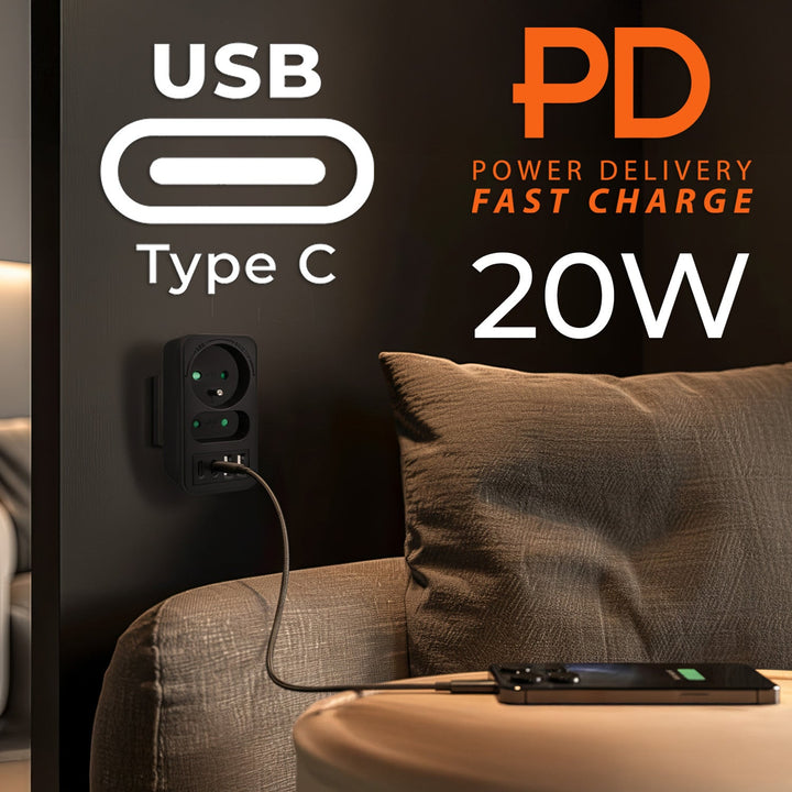 Maclean električna utičnica x2 + 4xUSB, razdjelnik s 2 utičnice, 2xUSB A, 2xUSB C PD 20W, 1x16A + 1x6A, MCE249 F/B, 2 komada