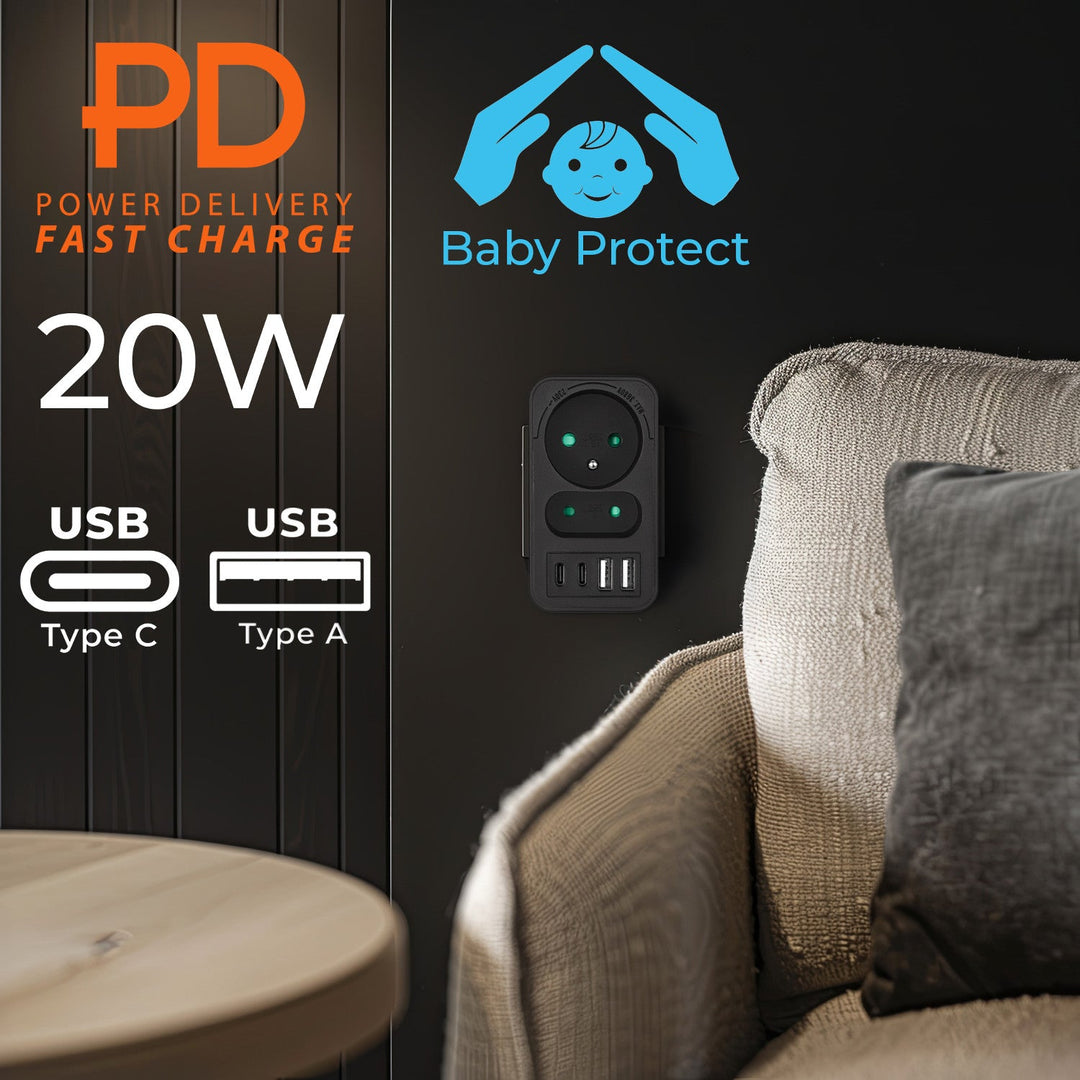Maclean električna utičnica x2 + 4xUSB, razdjelnik s 2 utičnice, 2xUSB A, 2xUSB C PD 20W, 1x16A + 1x6A, MCE249 F/B, 2 komada