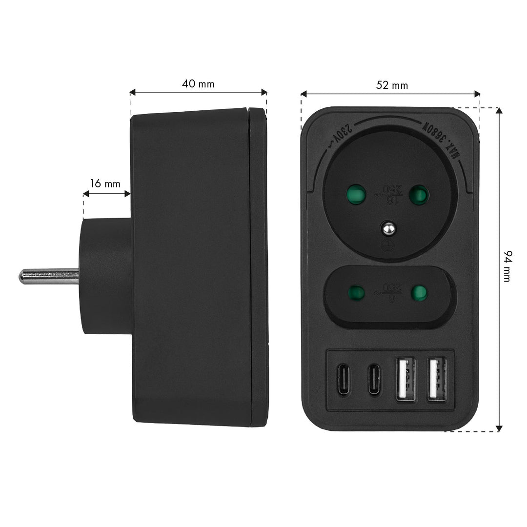 Maclean električna utičnica x2 + 4xUSB, razdjelnik s 2 utičnice, 2xUSB A, 2xUSB C PD 20W, 1x16A + 1x6A, MCE249 F/B, 3 komada