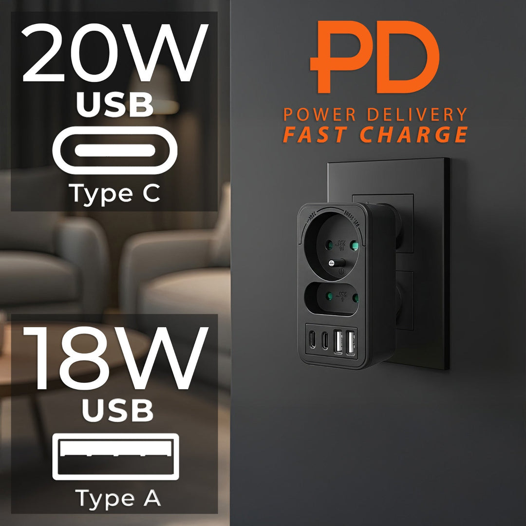 Maclean električna utičnica x2 + 4xUSB, razdjelnik s 2 utičnice, 2xUSB A, 2xUSB C PD 20W, 1x16A + 1x6A, MCE249 F/B, 3 komada