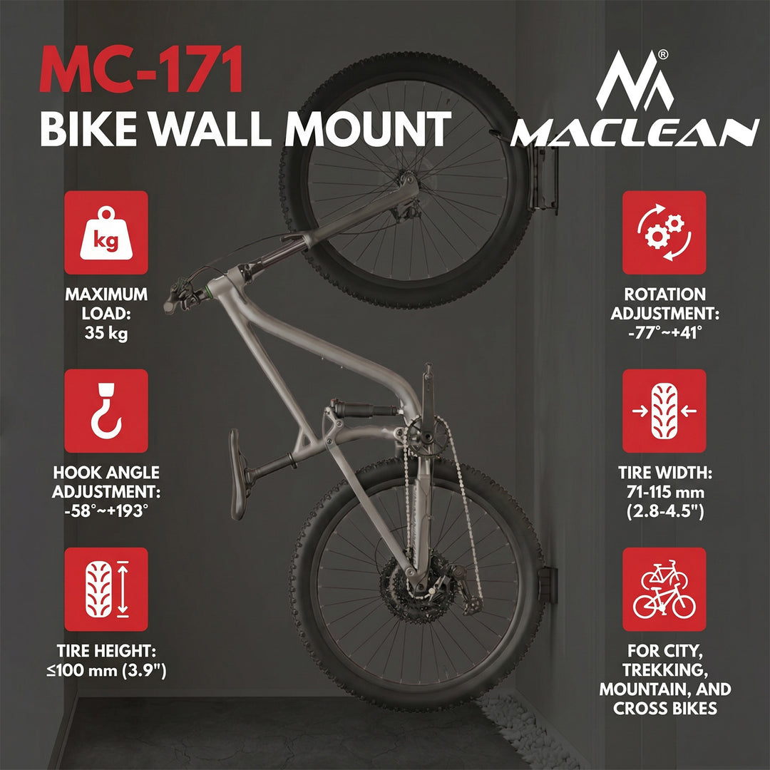 Maclean zidni stalak/vješalica za bicikle, maksimalno opterećenje 35 kg, podesiv kut, čelik, MC-171