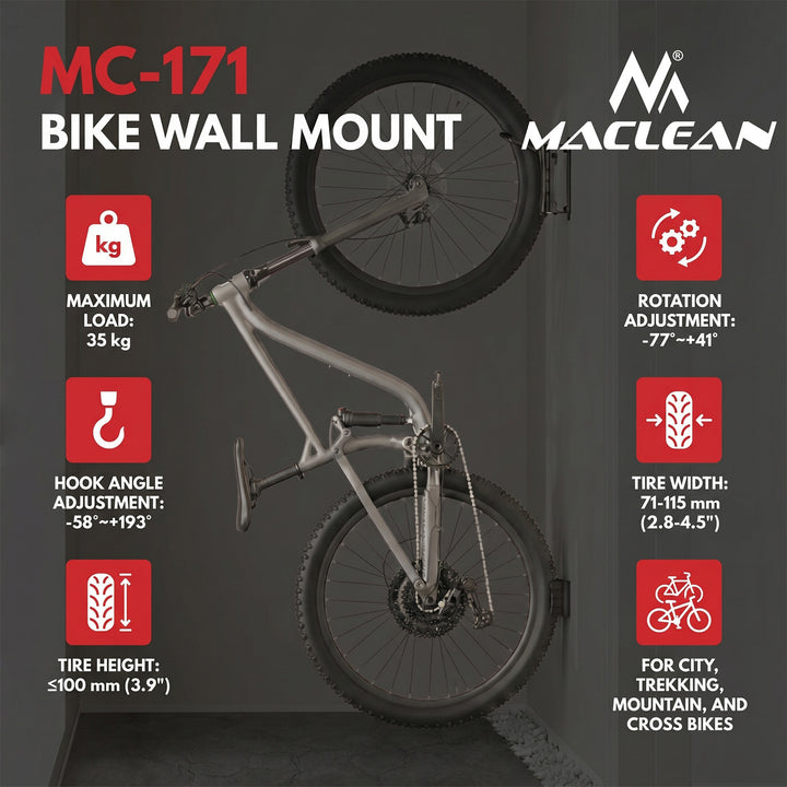 Maclean zidni stalak/vješalica za bicikle, maksimalno opterećenje 35 kg, podesiv kut, čelik, MC-171