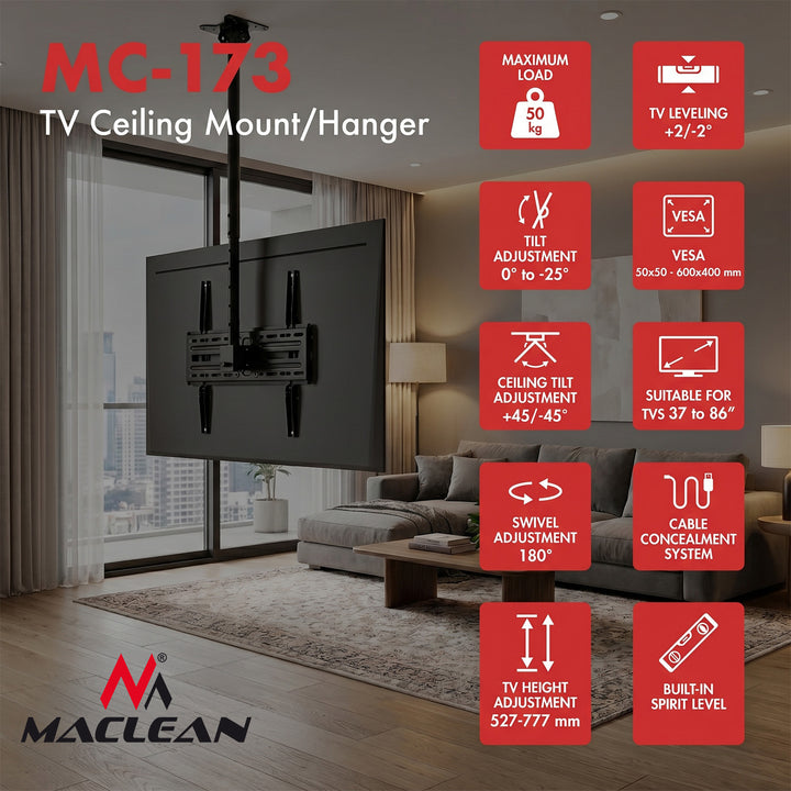 Maclean stropni nosač za TV, maksimalno opterećenje 50 kg, 37–86", maksimalna VESA 600×400, MC-173