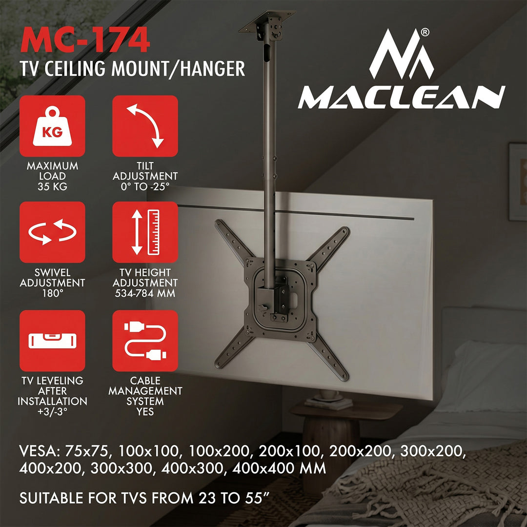 Maclean stropni nosač za TV, maksimalno opterećenje 35 kg, 23-55", maksimalna VESA 400x400, MC-174