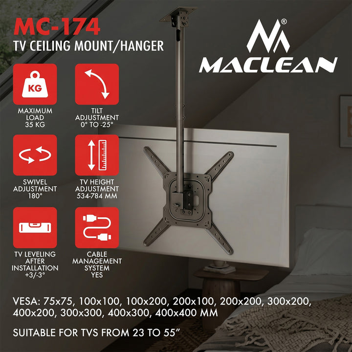 Maclean stropni nosač za TV, maksimalno opterećenje 35 kg, 23-55", maksimalna VESA 400x400, MC-174