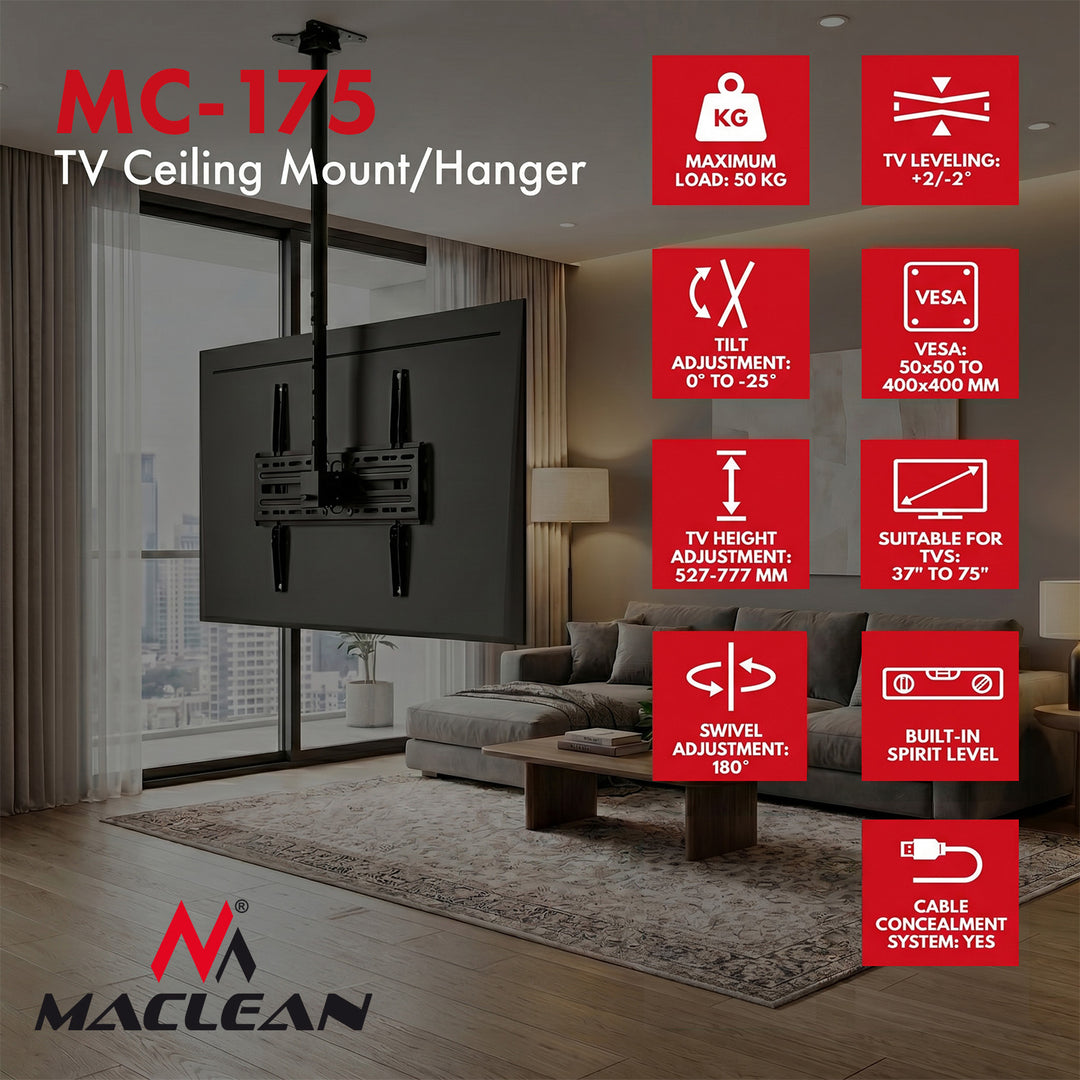 Maclean stropni nosač za TV, maksimalno opterećenje 50 kg, 37–75", maksimalna VESA 400×400, MC-175