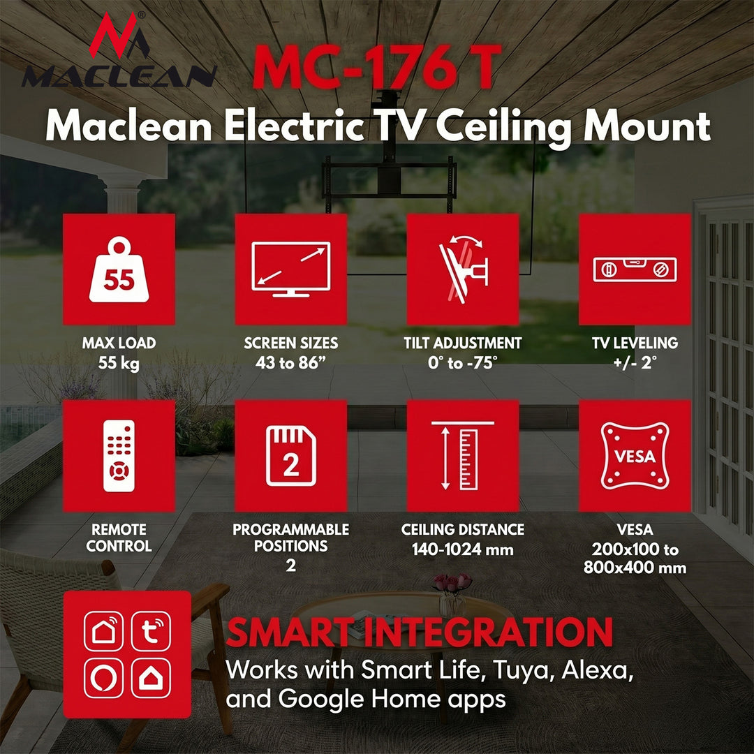Maclean električni držač za TV, montiran na strop, kompatibilan s Tuya, max. VESA 800×400, za TV od 43 do 86", max. 55 kg, MC-176 T