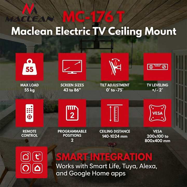 Maclean električni držač za TV, montiran na strop, kompatibilan s Tuya, max. VESA 800×400, za TV od 43 do 86", max. 55 kg, MC-176 T
