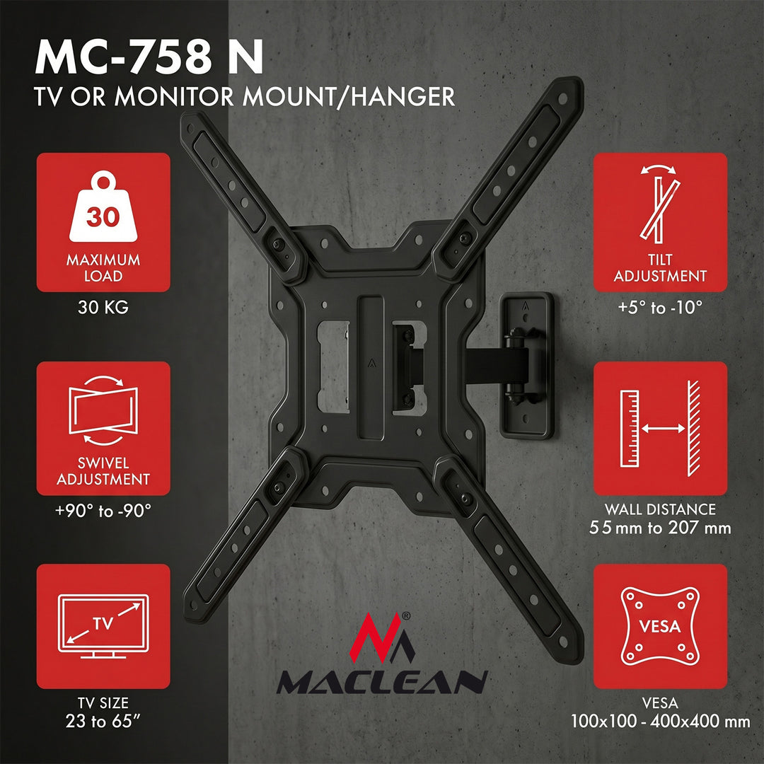 Maclean TV ili monitor nosač/priključak, max. 23–65", max. opterećenje 30 kg, univerzalni, max. VESA 400x400, MC-758 N