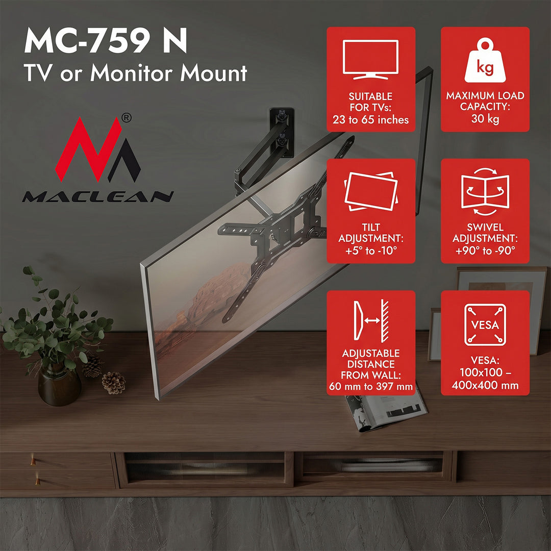 Maclean držač za TV ili monitor, max. 23–65", max. opterećenje 30 kg, univerzalni, max. VESA 400x400, MC-759 N