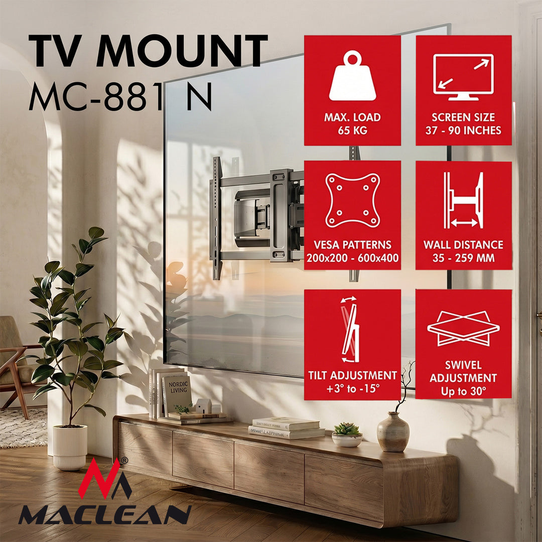 Maclean TV nosač / držač, max. VESA 600x400, 37–90", max. opterećenje 65 kg, crni, MC-881 N