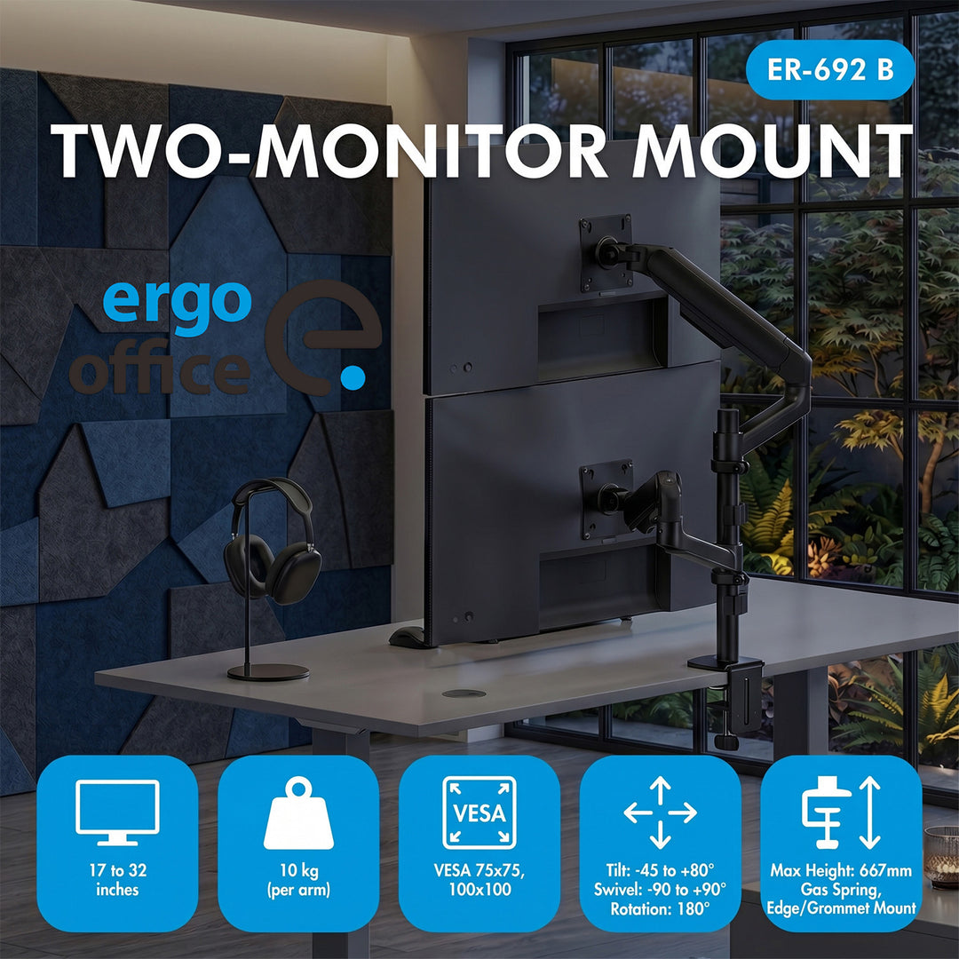 Ergo Office držač za dva monitora, plinski amortizer, 17"–32", 1–10 kg, mat crna, ER-692 B