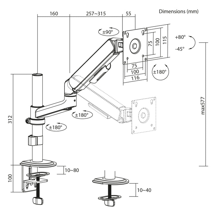 Ergo držač za monitor za ured, plinski opružni mehanizam, 17"–32", 1–10 kg, mat crna, max. VESA 100x100, ER-691 B