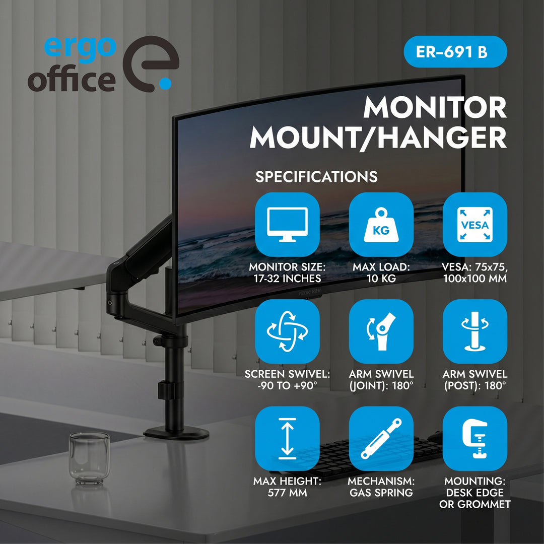 Ergo držač za monitor za ured, plinski opružni mehanizam, 17"–32", 1–10 kg, mat crna, max. VESA 100x100, ER-691 B