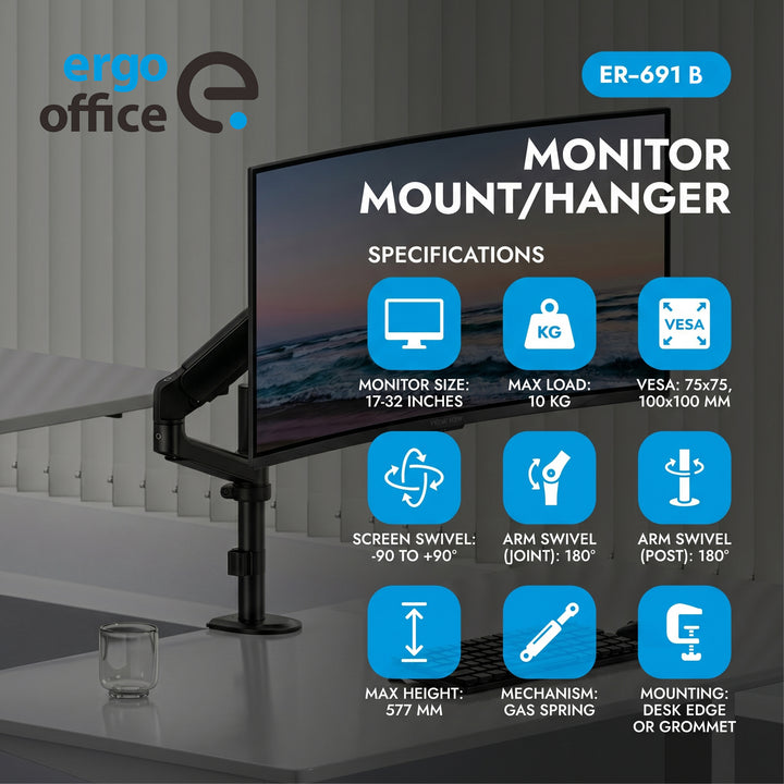 Ergo držač za monitor za ured, plinski opružni mehanizam, 17"–32", 1–10 kg, mat crna, max. VESA 100x100, ER-691 B