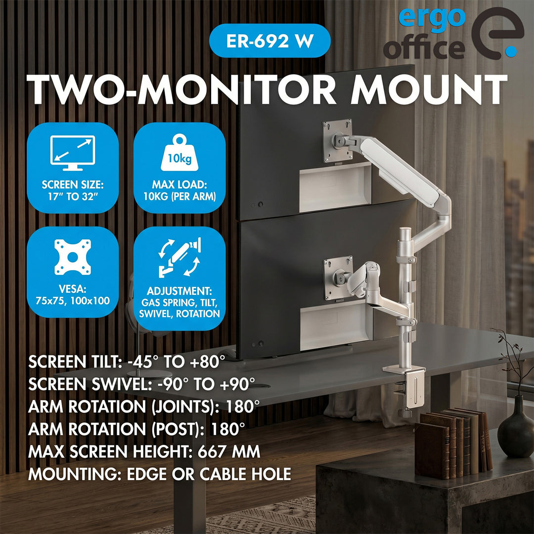 Ergo Office držač za dva monitora, plinski amortizer, 17"–32", 1–10 kg, mat bijela, ER-692 W