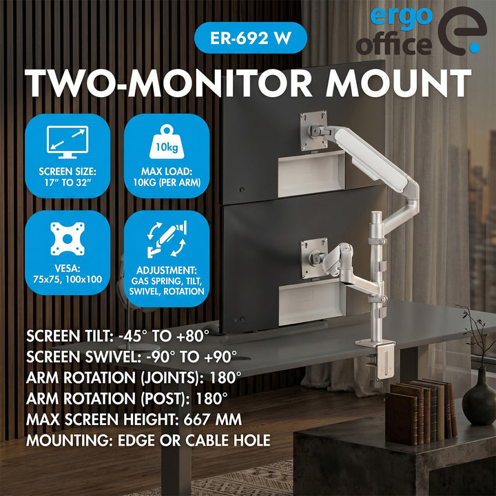 Ergo Office držač za dva monitora, plinski amortizer, 17"–32", 1–10 kg, mat bijela, ER-692 W