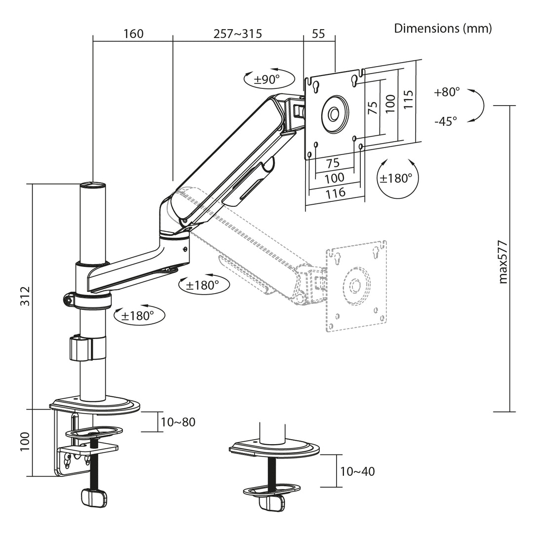 Ergo držač za monitor za ured, plinski opružni mehanizam, 17"–32", 1–10 kg, mat bijela, max. VESA 100x100, ER-691 W