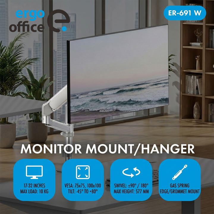 Ergo držač za monitor za ured, plinski opružni mehanizam, 17"–32", 1–10 kg, mat bijela, max. VESA 100x100, ER-691 W