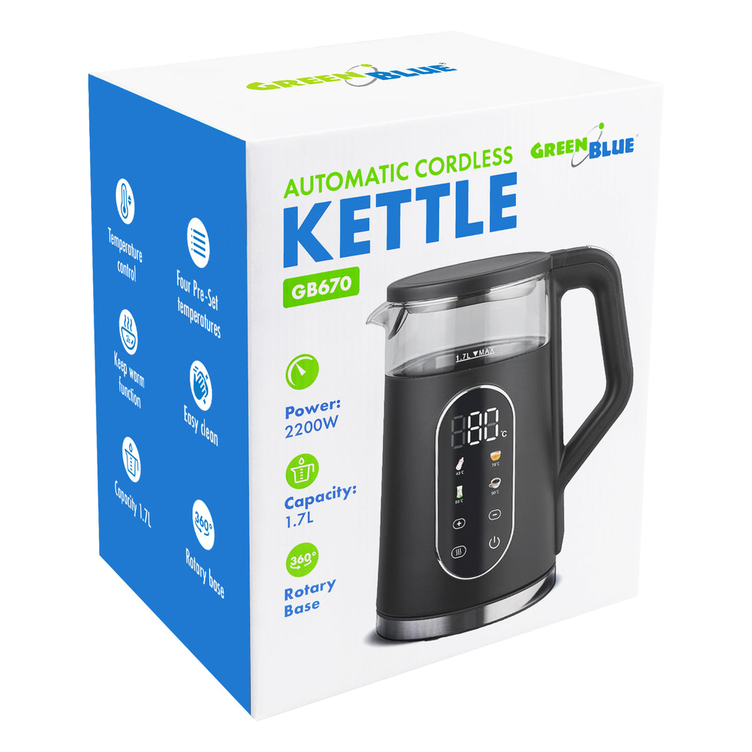 GreenBlue bežični električni čajnik, kapacitet 1,7 litre, stakleni spremnik za vodu, pregledan zaslon, odabir temperature, 2200 W, GB670 B