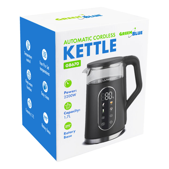 GreenBlue bežični električni čajnik, kapacitet 1,7 litre, stakleni spremnik za vodu, pregledan zaslon, odabir temperature, 2200 W, GB670 B