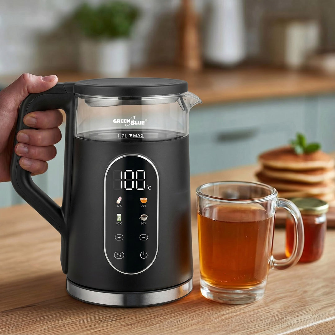 GreenBlue bežični električni čajnik, kapacitet 1,7 litre, stakleni spremnik za vodu, pregledan zaslon, odabir temperature, 2200 W, GB670 B