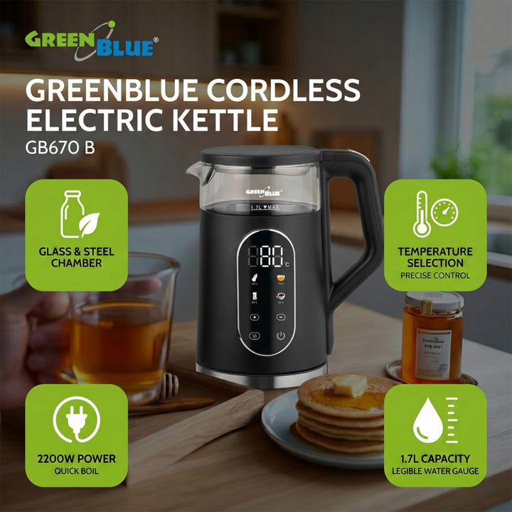 GreenBlue bežični električni čajnik, kapacitet 1,7 litre, stakleni spremnik za vodu, pregledan zaslon, odabir temperature, 2200 W, GB670 B