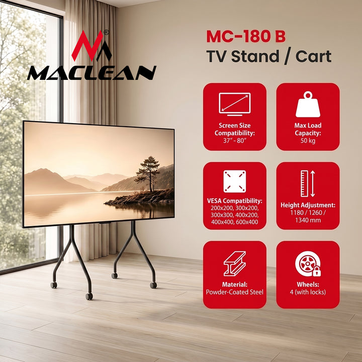 Maclean TV stalak / kolica na kotačićima, 37–80", max. nosivost 50 kg, max. VESA 600×400, crna, MC-180 B