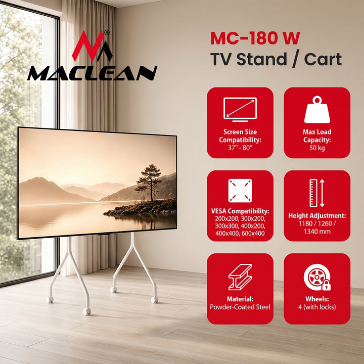 Maclean TV stalak / kolica na kotačićima, 37–80", maksimalno opterećenje 50 kg, maksimalna VESA 600×400, bijela, MC-180 W