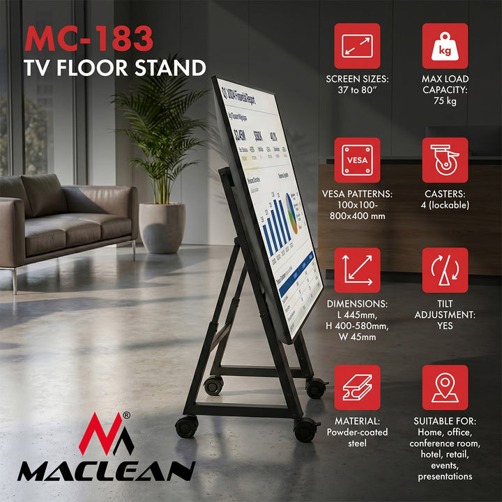 Maclean TV kolica / podni stalak, 37–80", max. VESA 800x400, max. 75 kg, pokretni, brave za kotače, MC-183