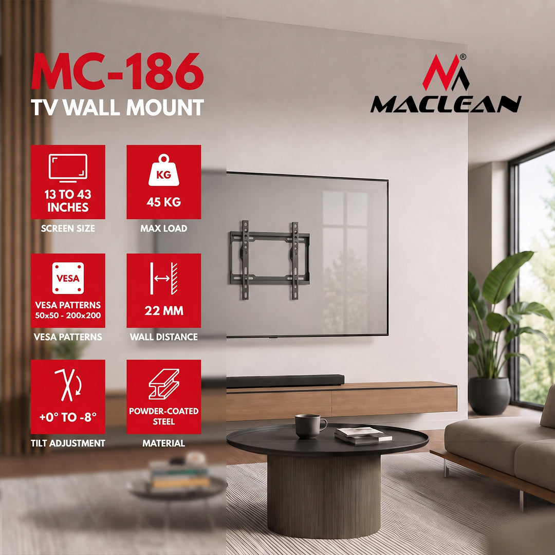 Maclean TV nosač / držač, max VESA 200x200, 13–43", do 45 kg, crni, podešavanje nagiba 0°–8°, MC-186